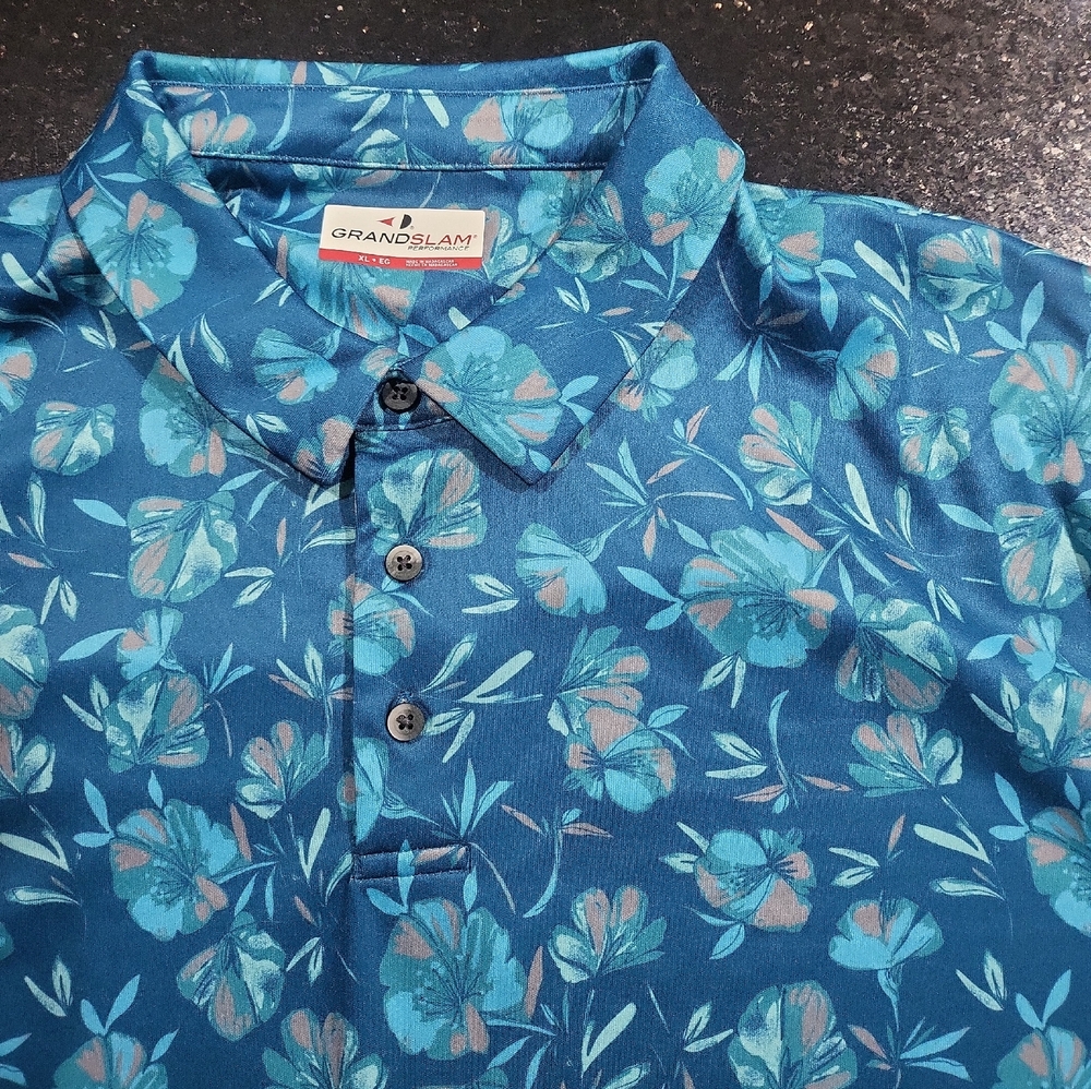 Grand Slam Men's Teal and Blue Floral Polo